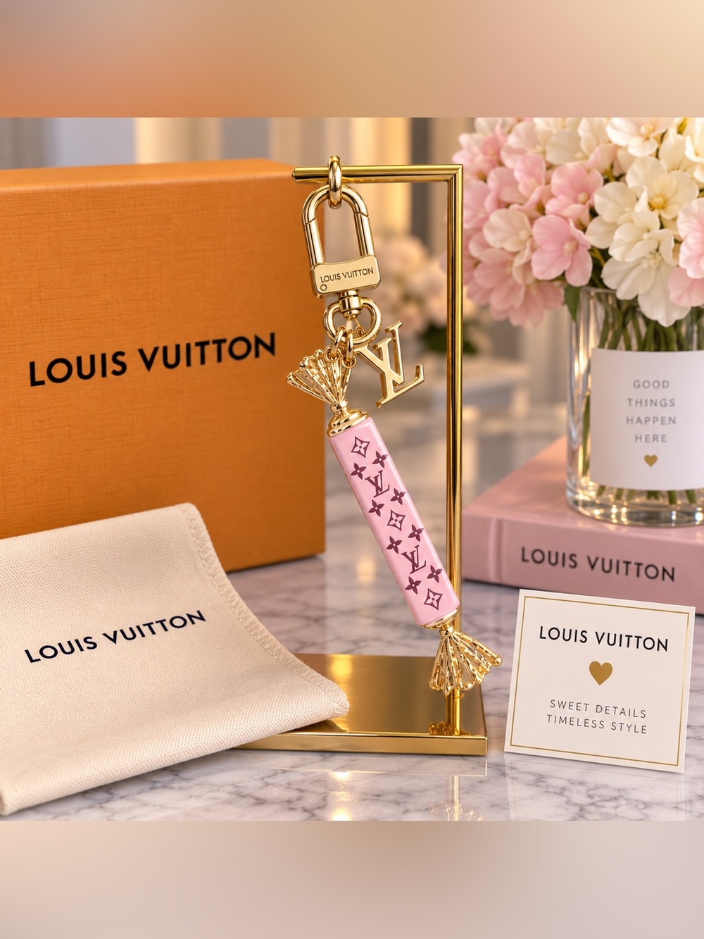 Luxury Pink Monogram Candy Charm Keychain - Gold Hardware